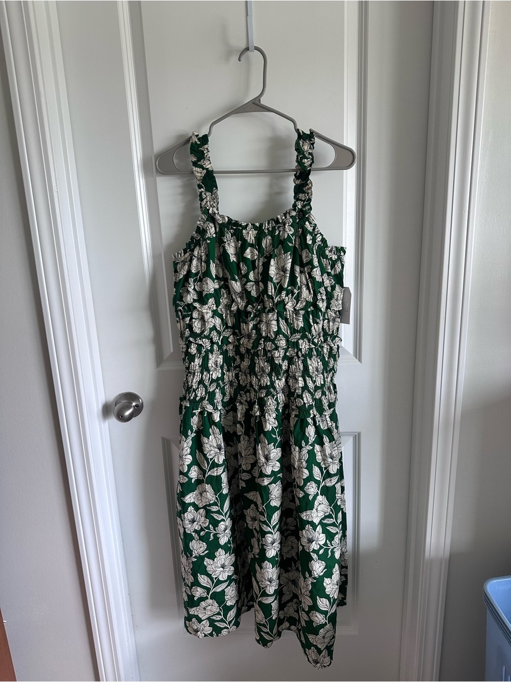 Time and Tru Green Floral Smocked Midi Dress with Cream Print